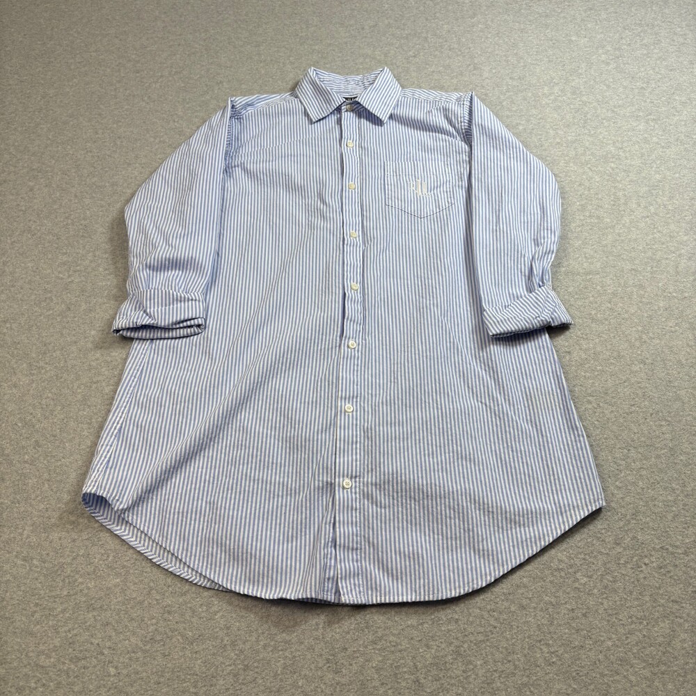 Lauren Ralph Shirt Woman XS Blue Stripe Dress Monogram Academia Heritage Coastal